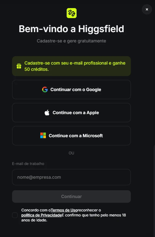 Tela de cadastro da Higgsfield