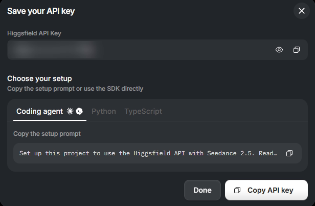 Janela Save your API key com o botão Copy API key